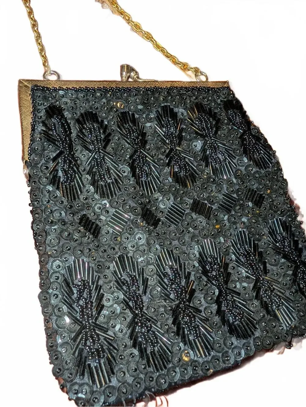 Vintage Black Beaded Evening Bag with Gold Chain Strap